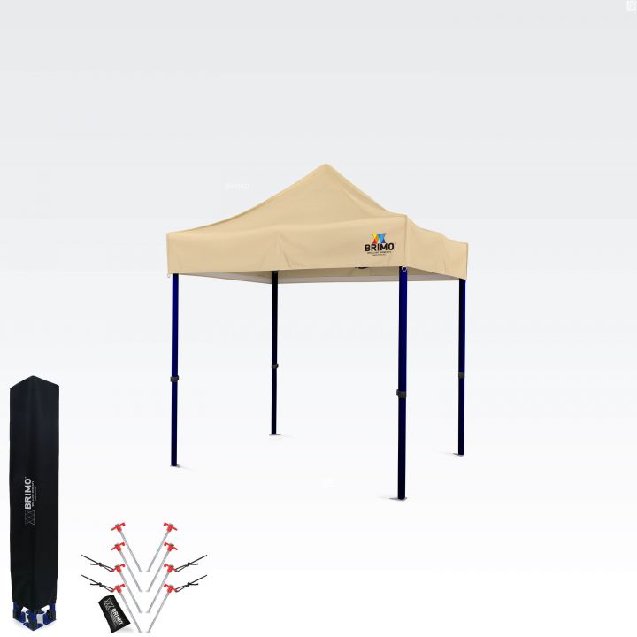Beige (cream) sales booth 2x2m with a blue frame, including a bag and anchoring set.