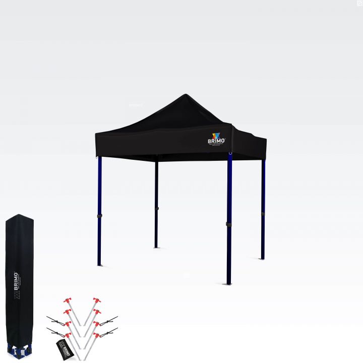 Black folding tent 2x2m for markets and promotional events, displayed with a protective bag.
