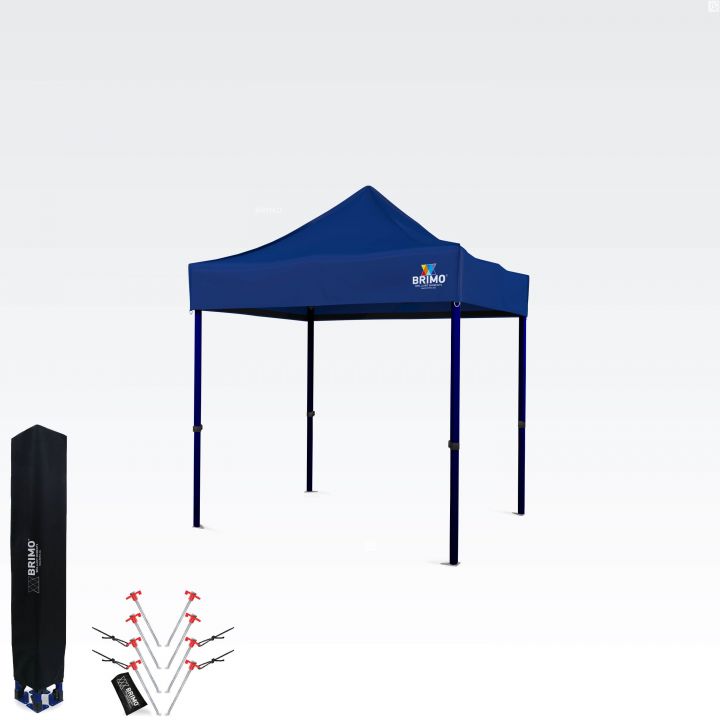 Blue Brimo scissor tent with a sturdy dark blue steel construction and complete packaging.