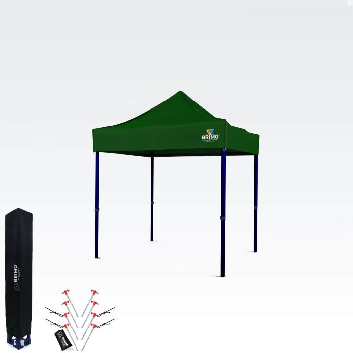 Brimo 2x2m folding tent set (green tarp, blue frame), including a protective carrying bag and a set of anchoring pegs with ropes.