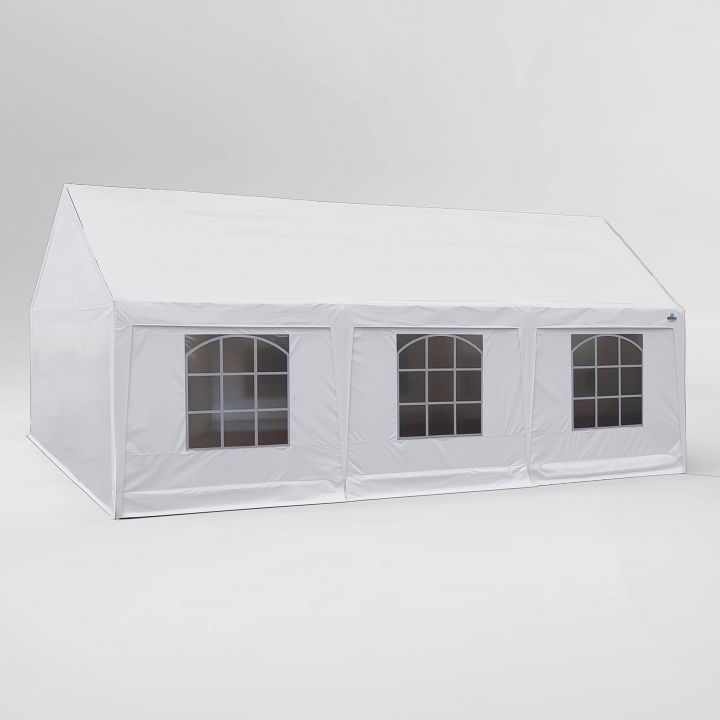 Professional 3D model of a white storage tent with three windows on a clean grey background, front view.