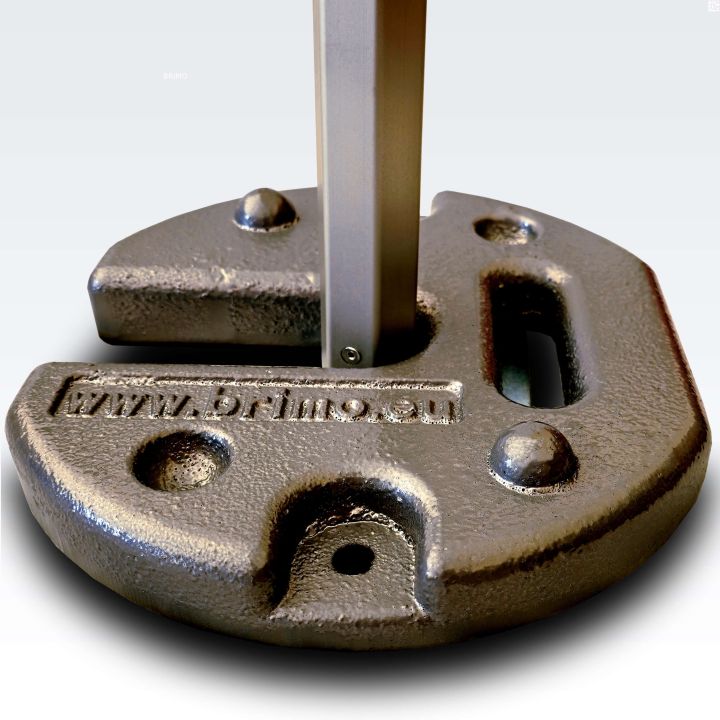 One steel weight plate for a low-angle tent, highlighting the stackable design.