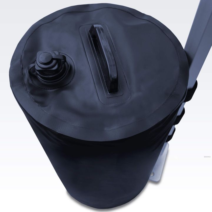 View from above of a filled water weight bag with a lid and handle for pop-up tents