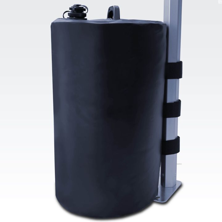 Detail of the water weight attached to the leg of the quick-disassembly tent from the side view