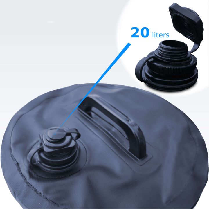 Detail of the packed water weight bag with a capacity of 20 liters and a closure.