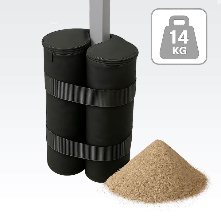 Sand weight bag for a scissor tent, ready to be filled with sand